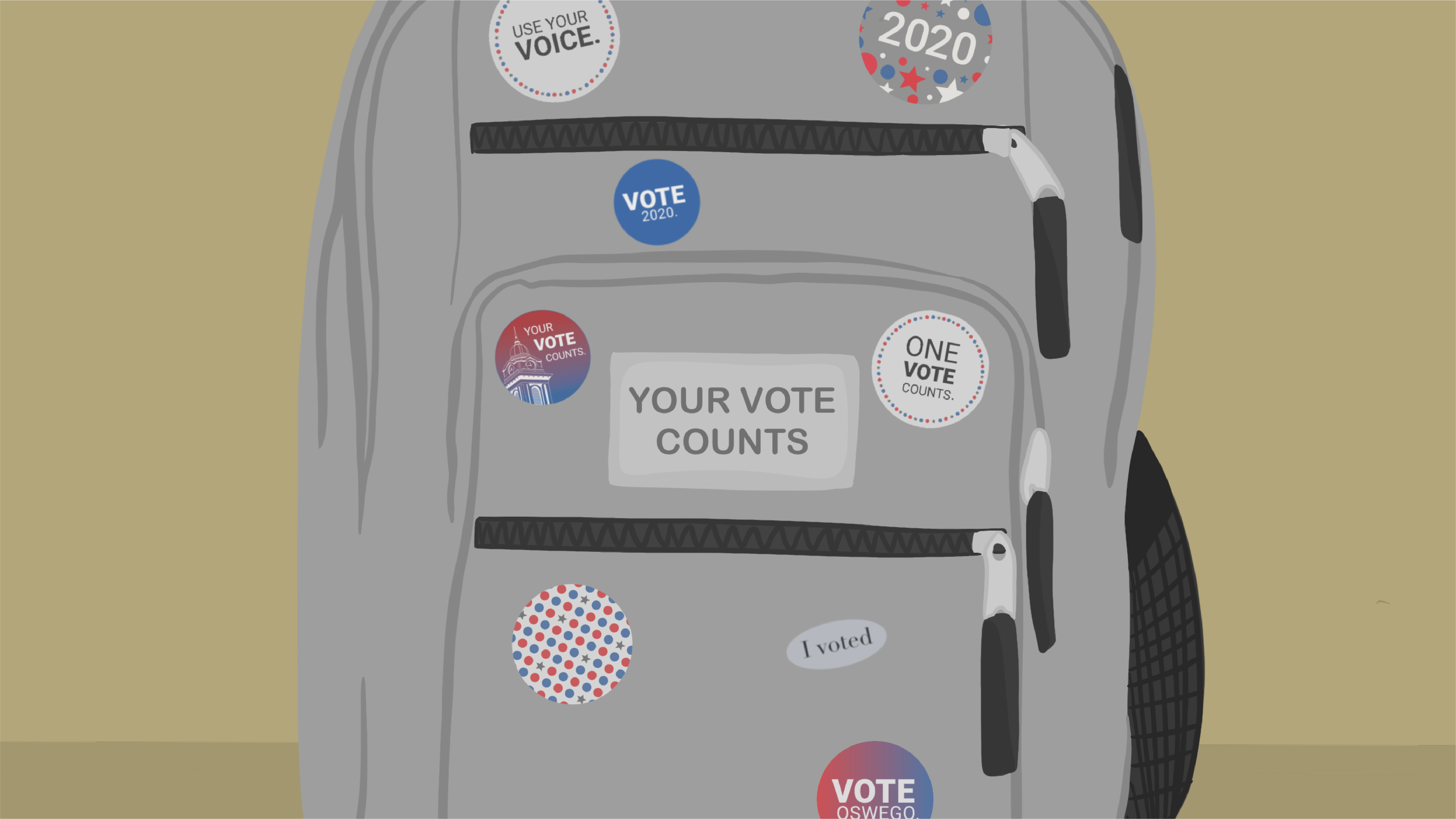 backpack with various stickers that encourage people to vote and emphasize that their vote counts